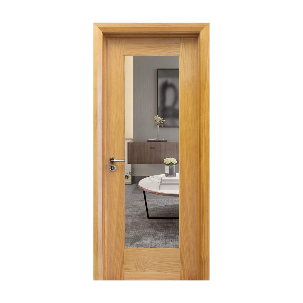 A Shaker White Oak 1 Lite 40mmUnglazed Door, with 4mm clear toughened glass inserted with a Tempest handle installed on a white background.