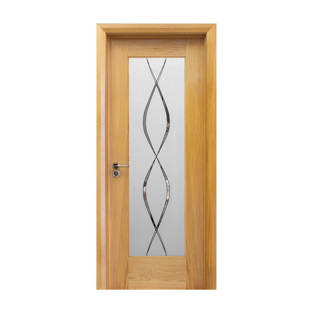A Shaker White Oak 1 Lite 40mmUnglazed Door, with 4mm toughened DS5 glass inserted with a Tempest handle installed on a white background.