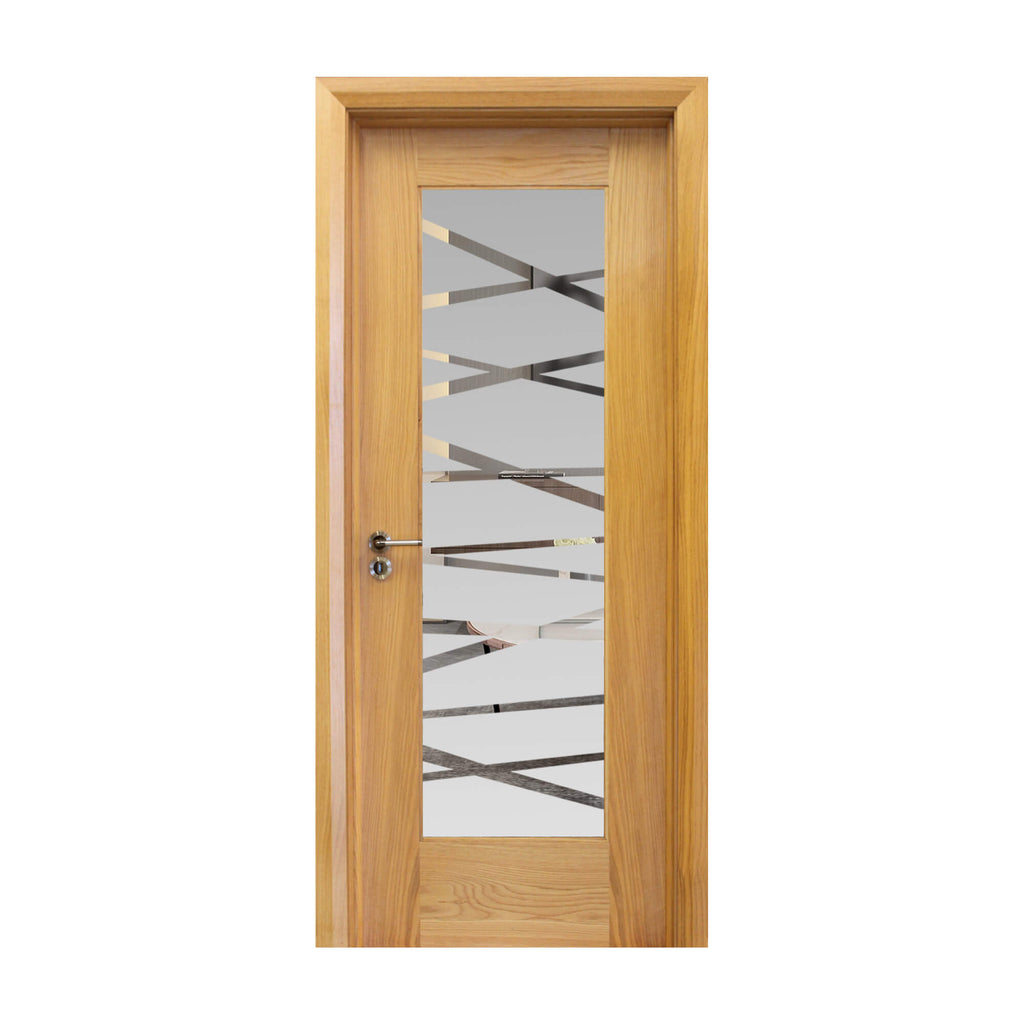 A Shaker White Oak 1 Lite 40mmUnglazed Door, with 4mm toughened DS7 glass inserted with a Tempest handle installed on a white background.