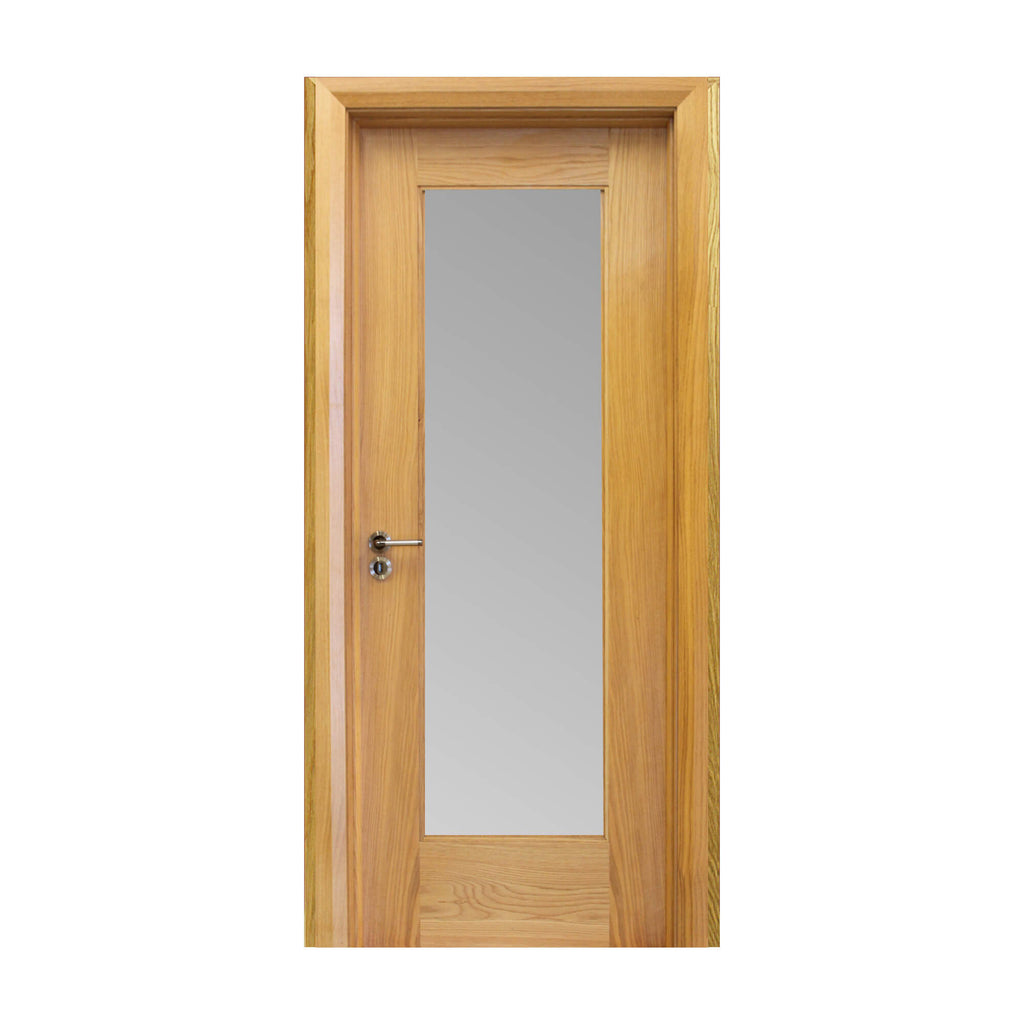A Shaker White Oak 1 Lite 40mmUnglazed Door, with 4mm toughened sandblasted glass inserted with a Tempest handle installed, on a white background.