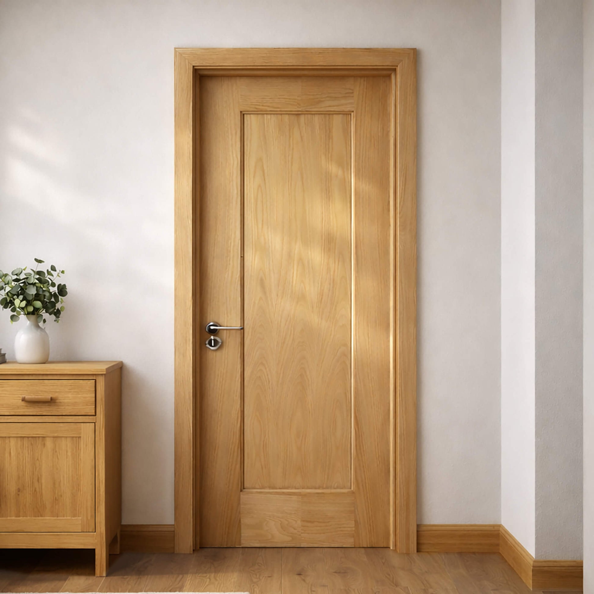 A Shaker White Oak 1 Panel 40mm Internal Door in a living room setting
