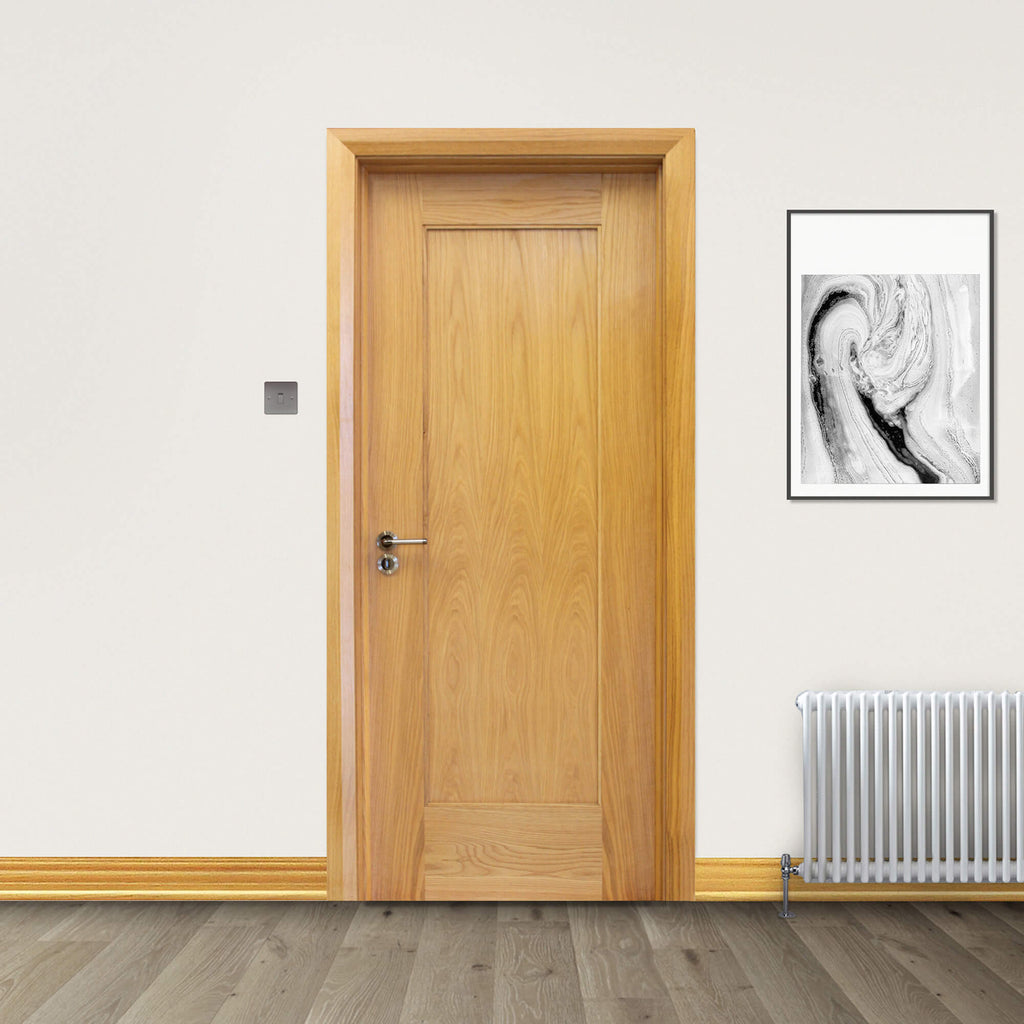 A Shaker White Oak 1 Panel 40mm Internal Door in an interior home setting