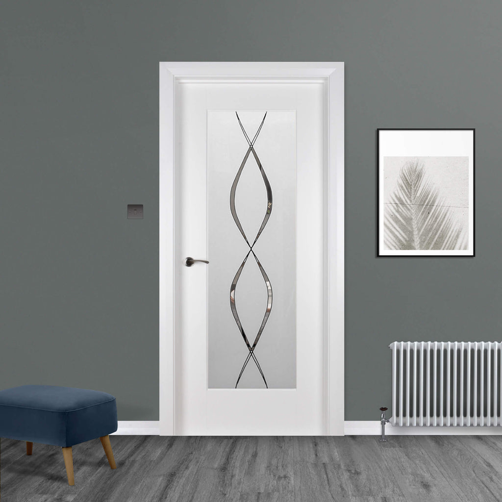 A Shaker White Primed 1 Lite Unglazed Door with DS5 glazed panel (optional extra) in a home interior setting.