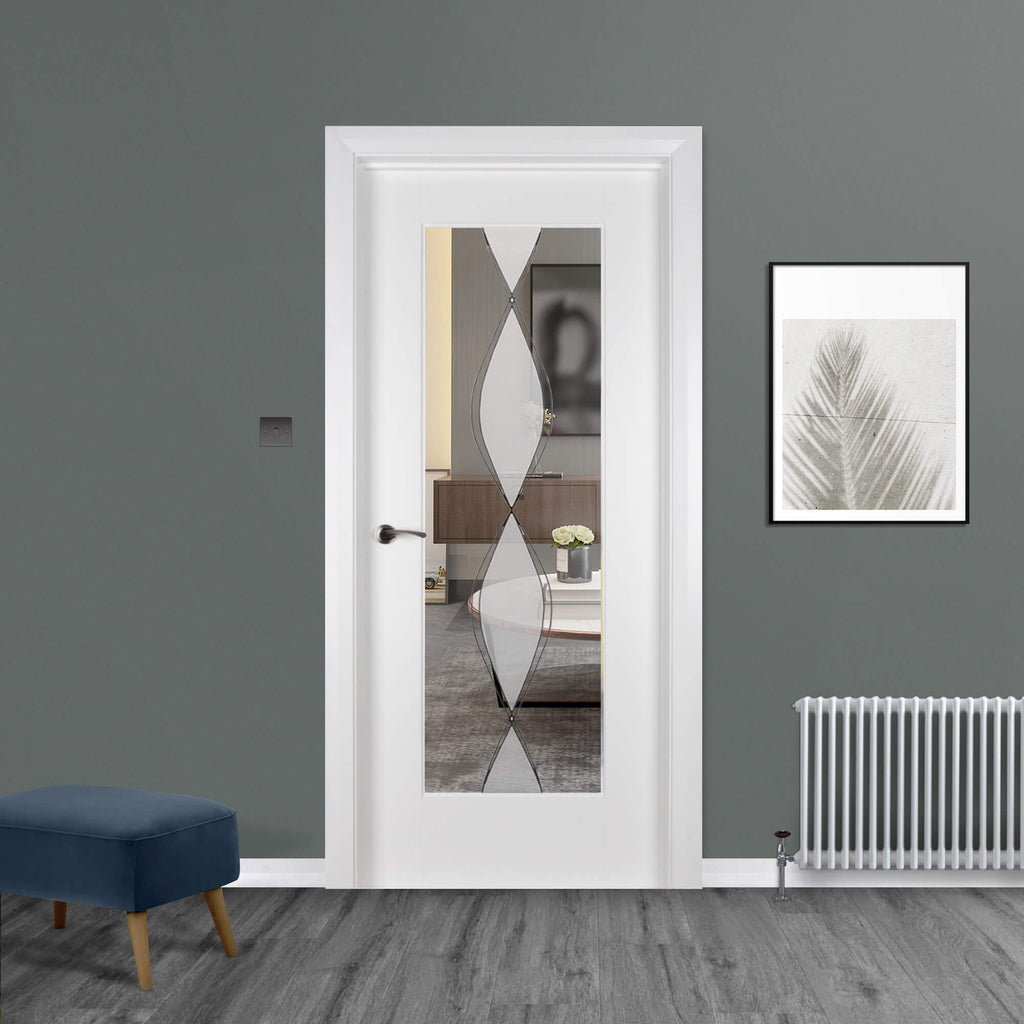 A Shaker White Primed 1 Lite Unglazed Door with DS6 glazed panel (optional extra) in a home interior setting.