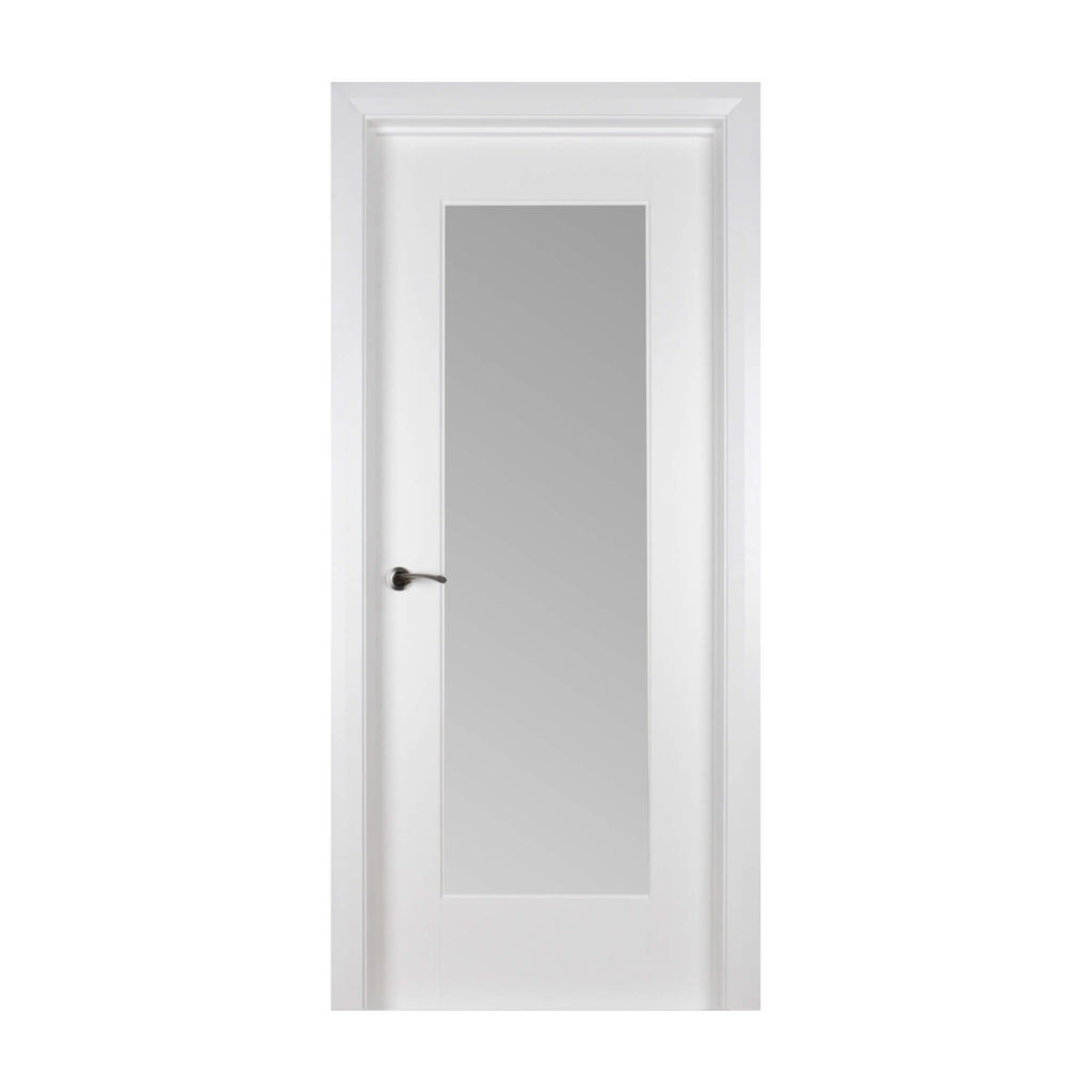 A Shaker White Primed 1 Lite Unglazed Door with Sandblasted glazed panel (optional extra) on a white background.
