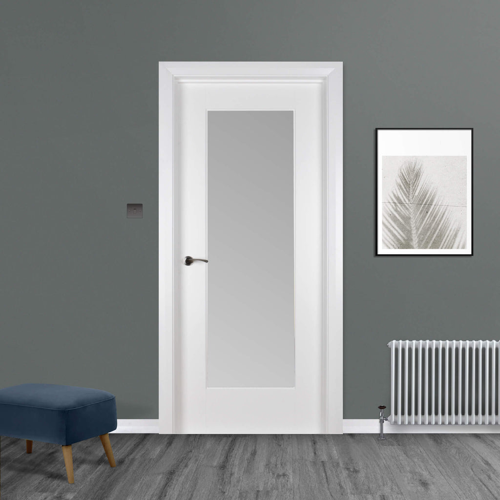 A Shaker White Primed 1 Lite Unglazed Door with Sandblasted glazed panel (optional extra) installed in a interior setting.