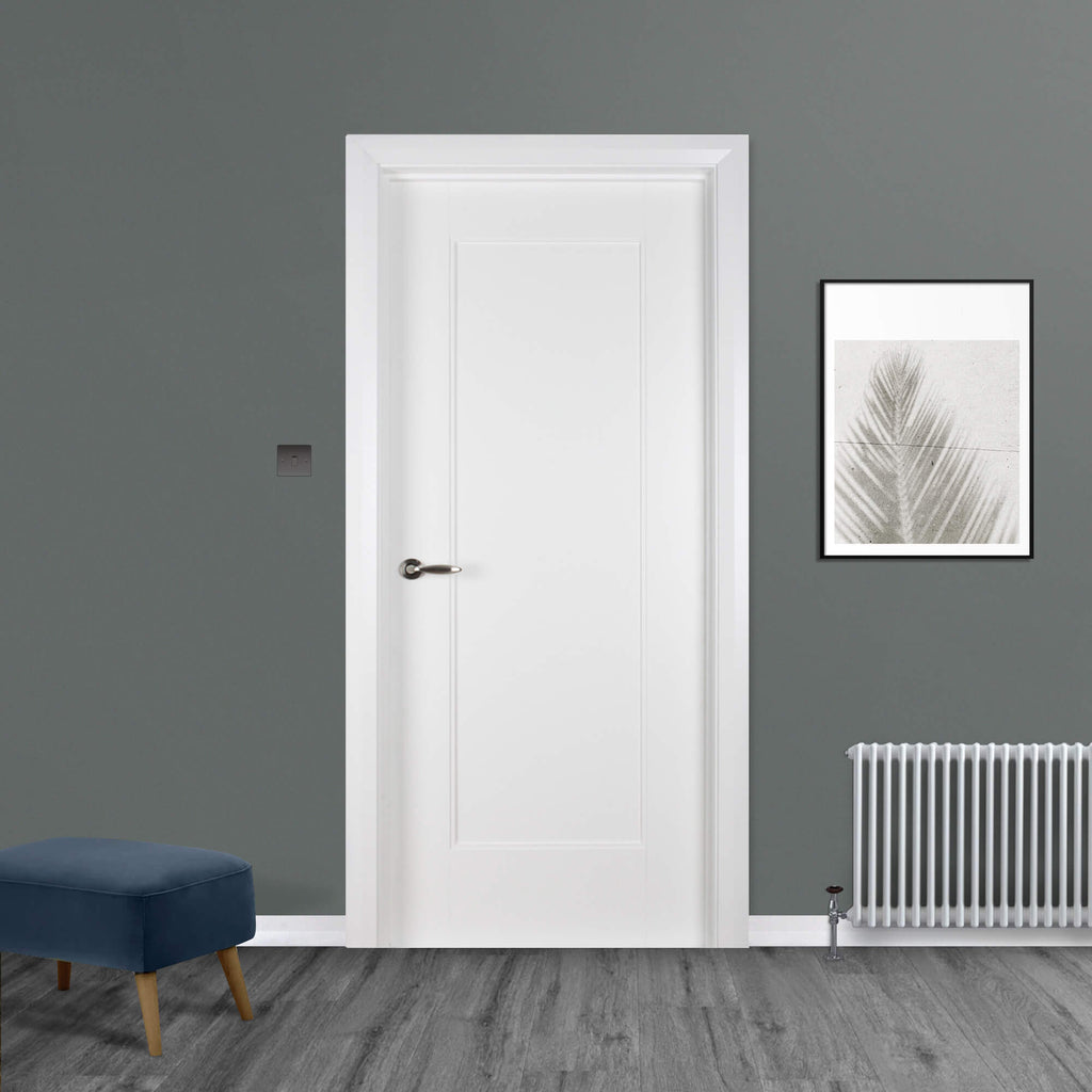 A Shaker White Primed 1 Panel 40mm Internal Door in a home interior setting.