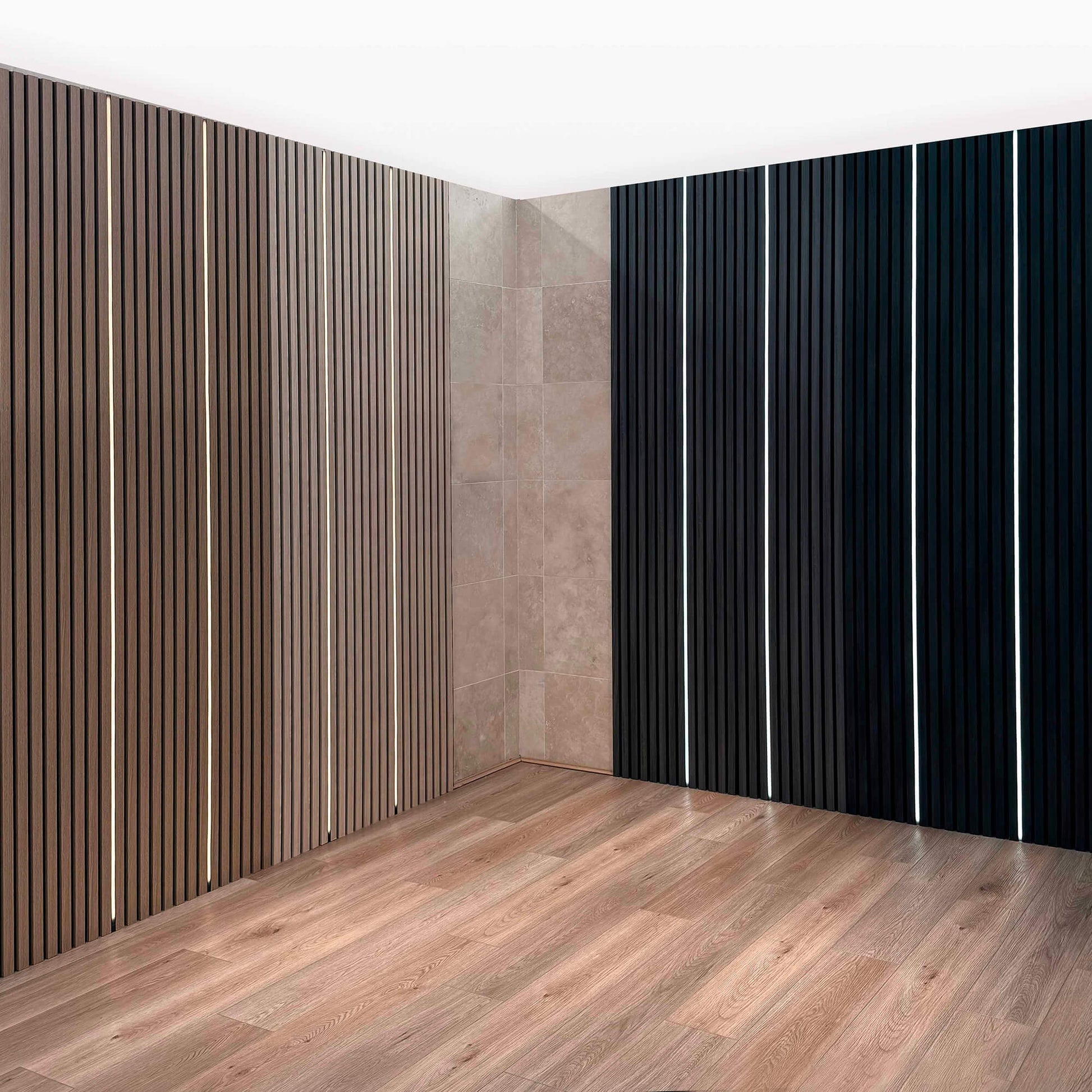 Showroom display of lit LED silicone tube slatwall lights.