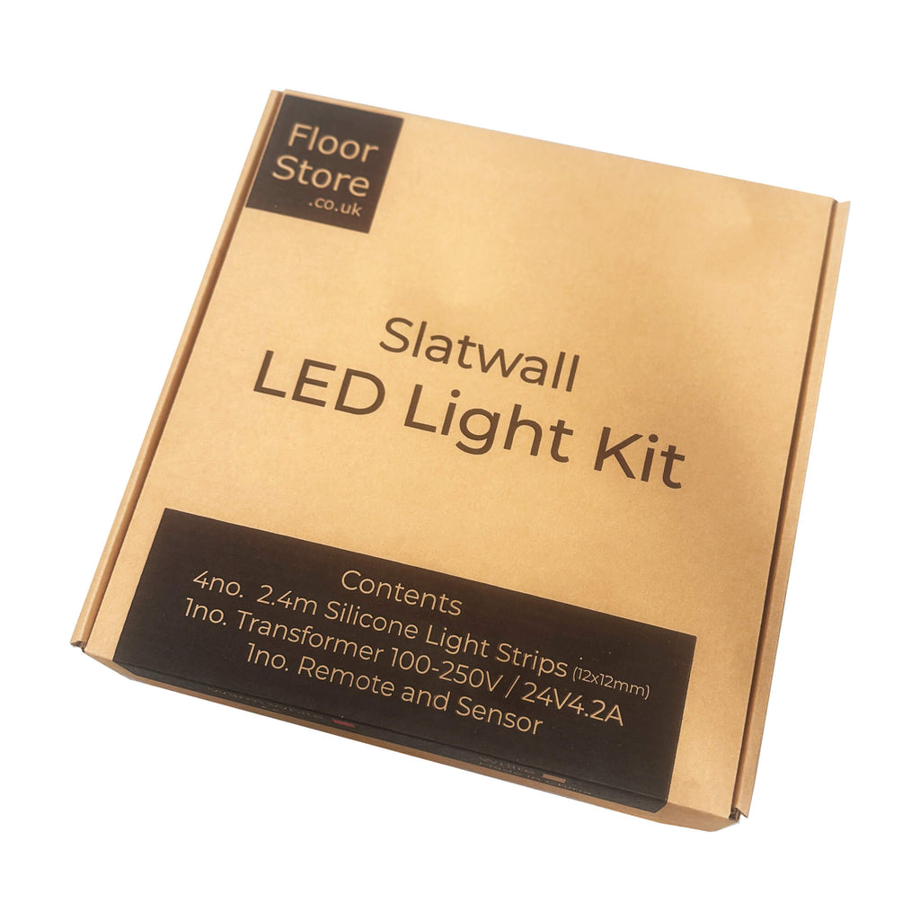 Cardboard box packaging for a Slatwall LED Light Kit with 'Floor Store' branding.