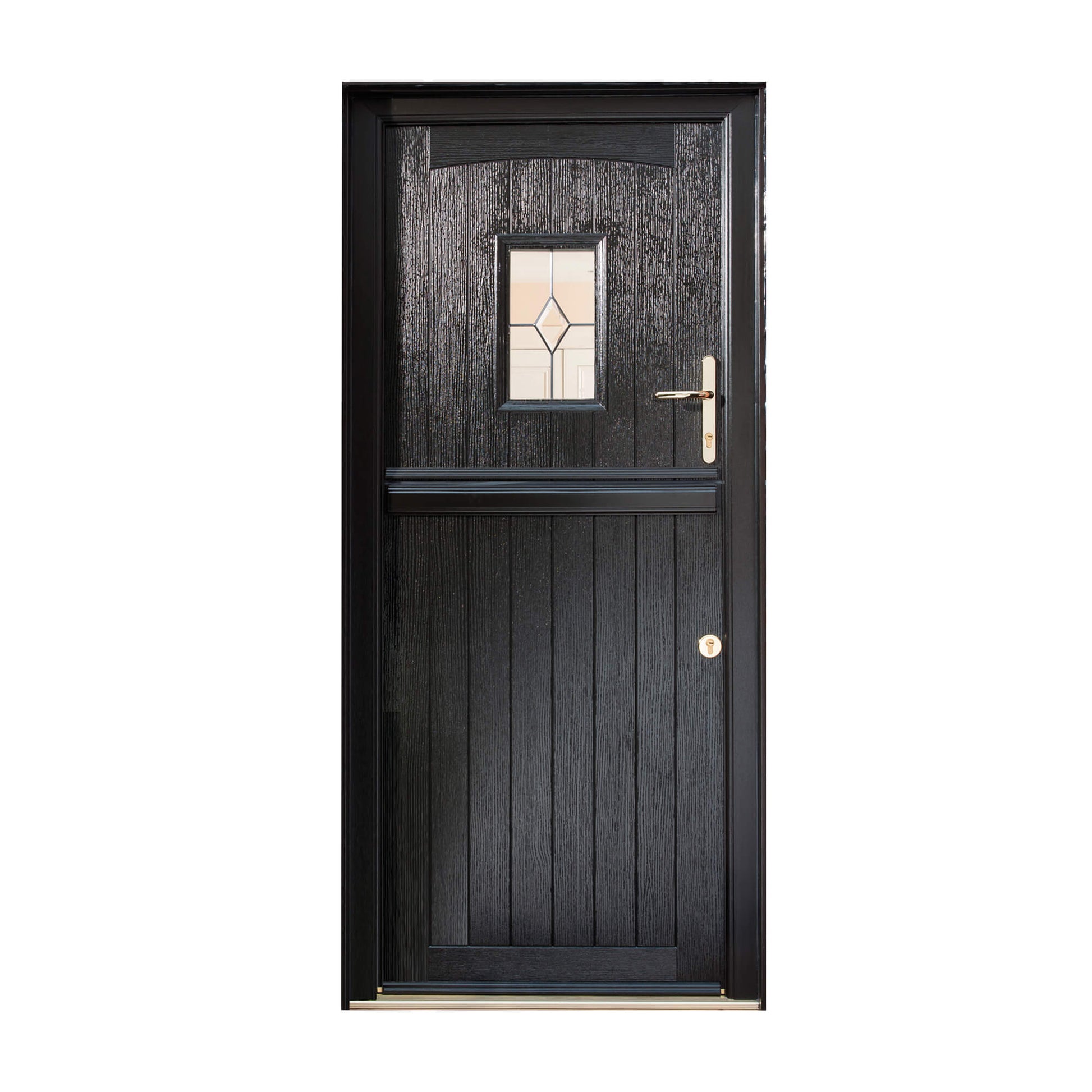 Black Stable Composite GRP Door with glass panel and handle on a white background