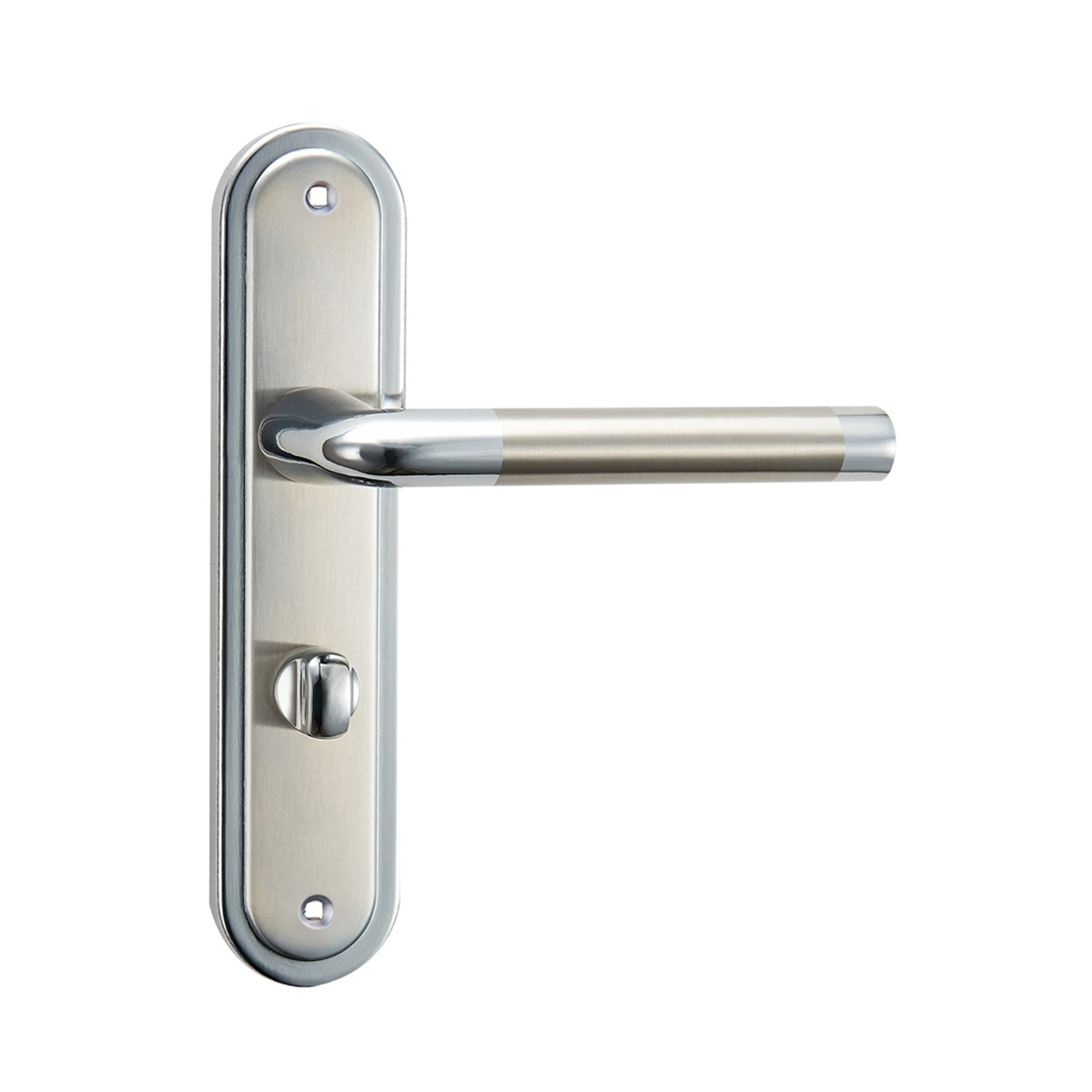 Tempest Nickel Brushed & Polished Chrome Bathroom WC Backplate door handle on a white background