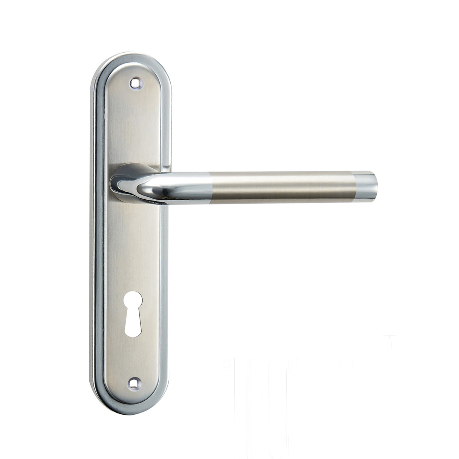 Tempest Nickel Brushed & Polished Chrome Lock Backplate door handle on a white background