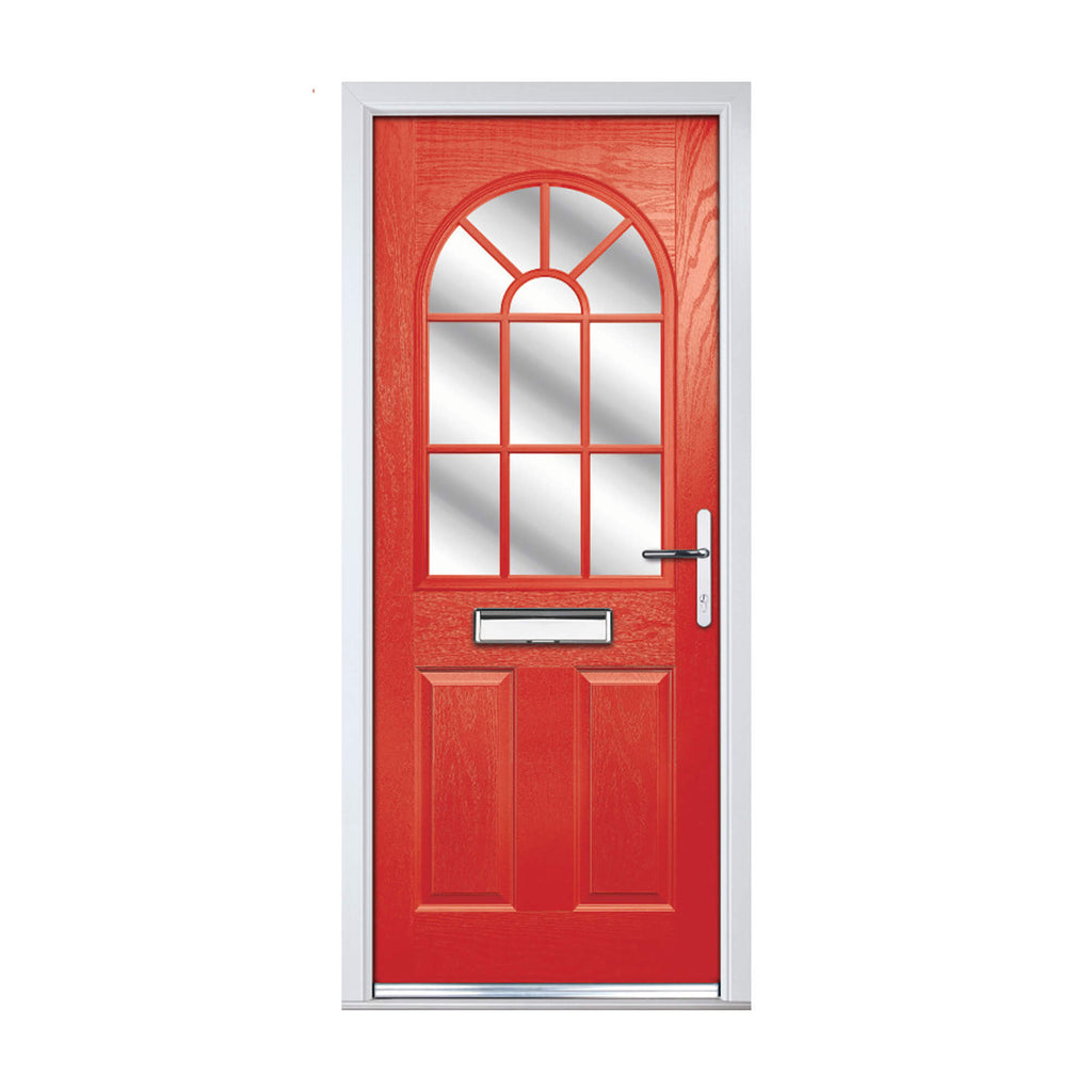 Red Tenby composite door with a white frame on a white background