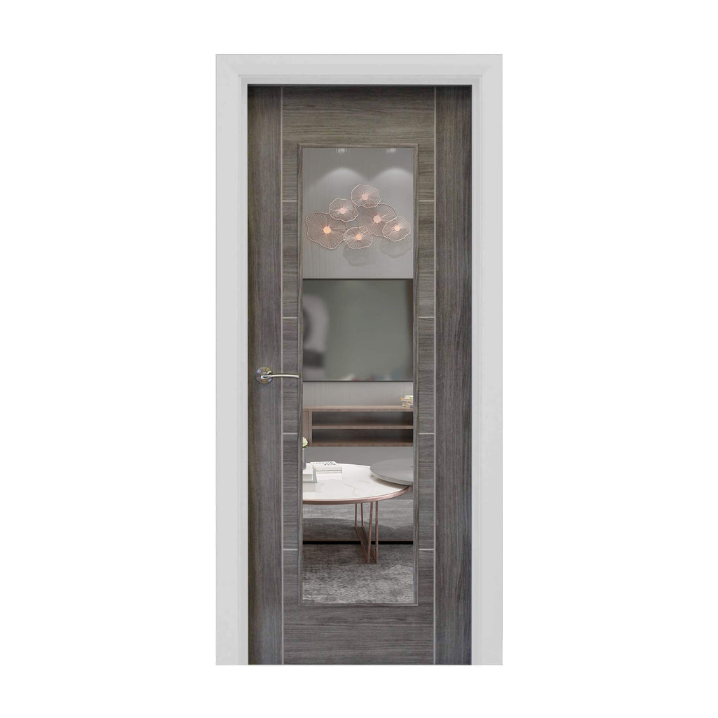 The Tigris Granite Grey 1 Lite Unglazed 40mm Internal Laminate Door, with 4mm clear toughened glass and Storm door handle, on a white background.