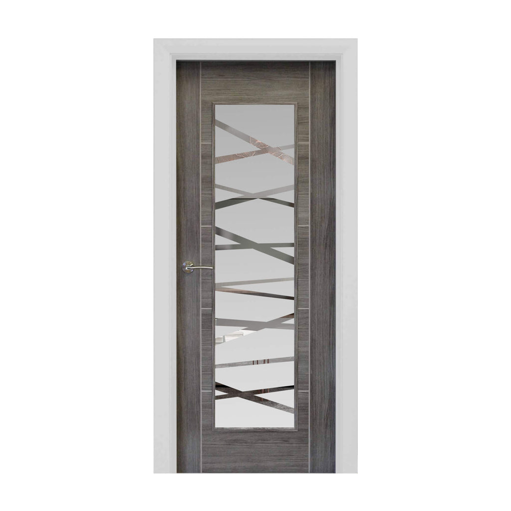 A Tigris Granite Grey 1 Lite Unglazed 40mm Internal Laminate Door, with 4mm DS7 decorative glass and Storm door handle, on a white background.
