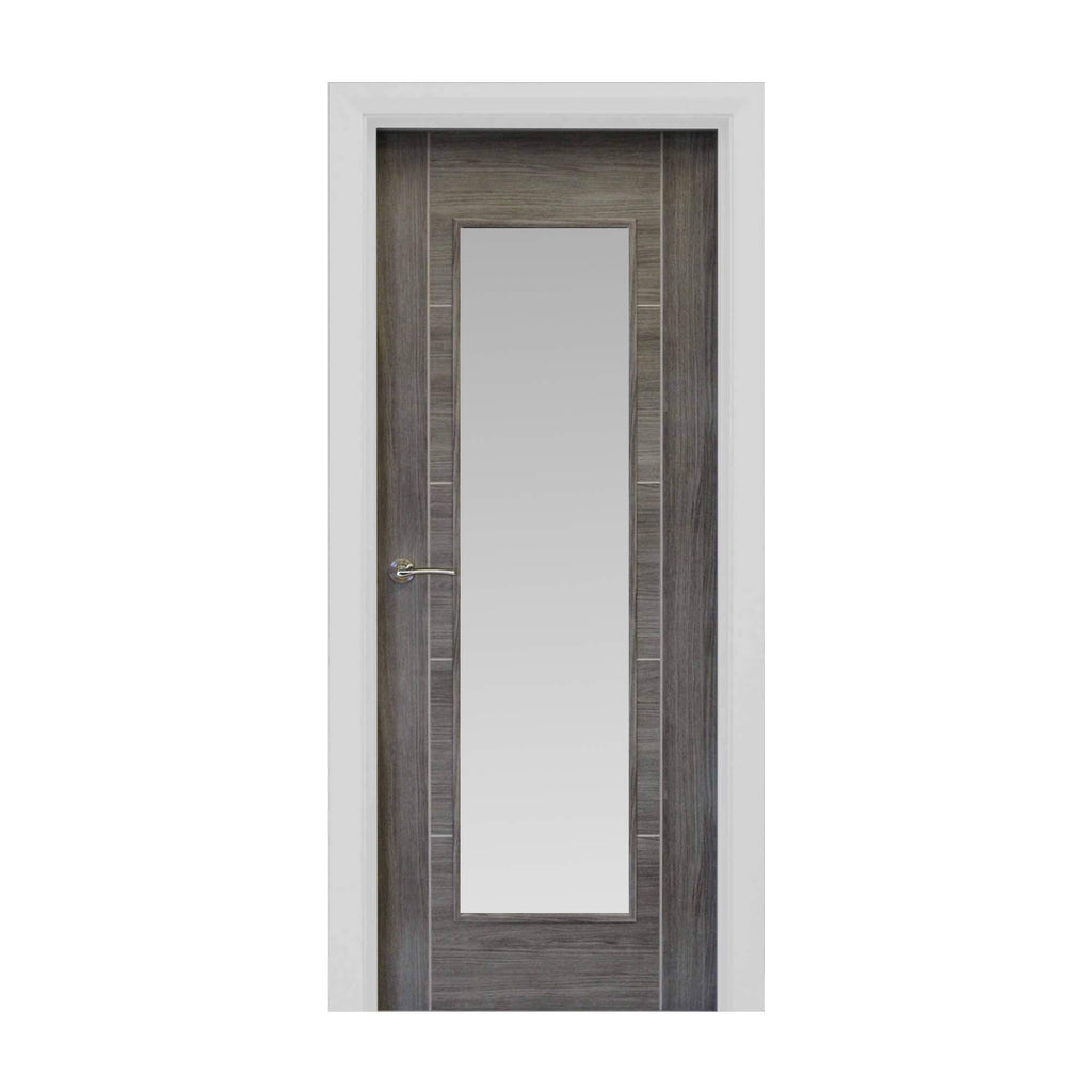 A Tigris Granite Grey 1 Lite Unglazed 40mm Internal Laminate Door, with 4mm sandblasted toughened glass and Storm door handle, on a white background.