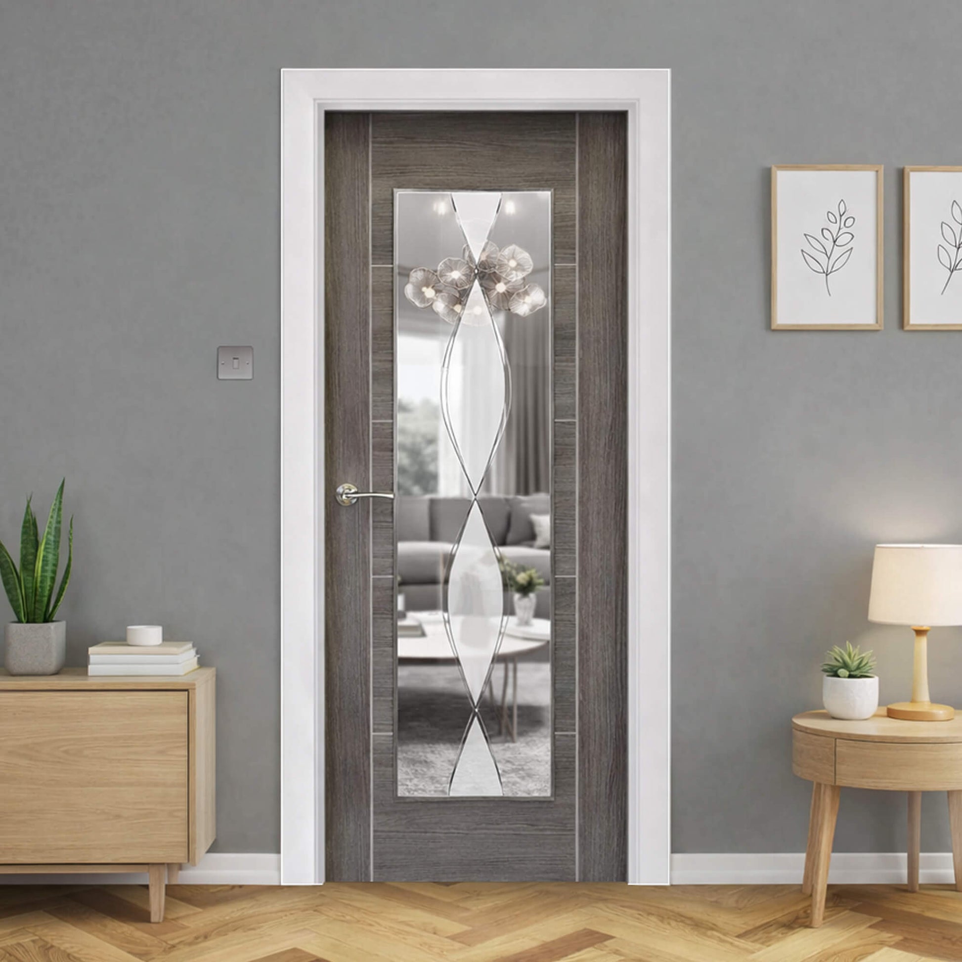 A Tigris Granite Grey 1 Lite Unglazed 40mm Laminate Door in a hallway setting looking into a living room.