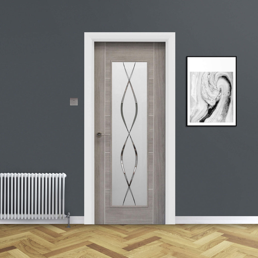 A Tigris Lava Grey 1 Lite Unglazed 40mm Internal Laminate Door, with a Storm handle and 4mm DS5 decorative glass, in a home interior setting.