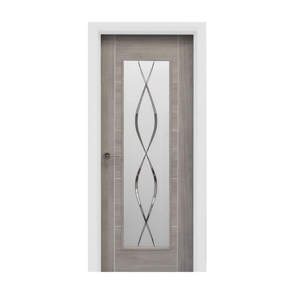 A Tigris Lava Grey 1 Lite Unglazed 40mm Internal Laminate Door, with a Storm handle and 4mm DS5 decorative glass, on a white background.