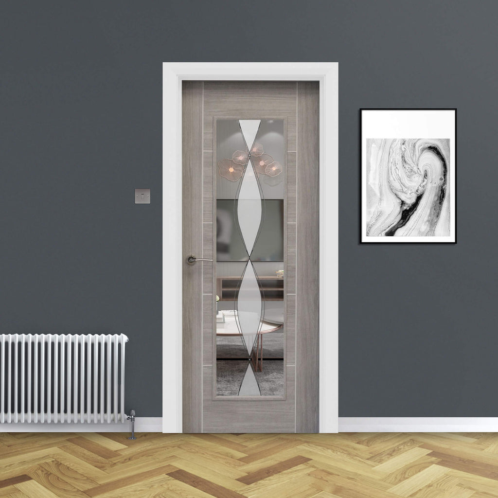 A Tigris Lava Grey 1 Lite Unglazed 40mm Internal Laminate Door, with a Storm handle and 4mm DS6 decorative glass, in a home interior setting.