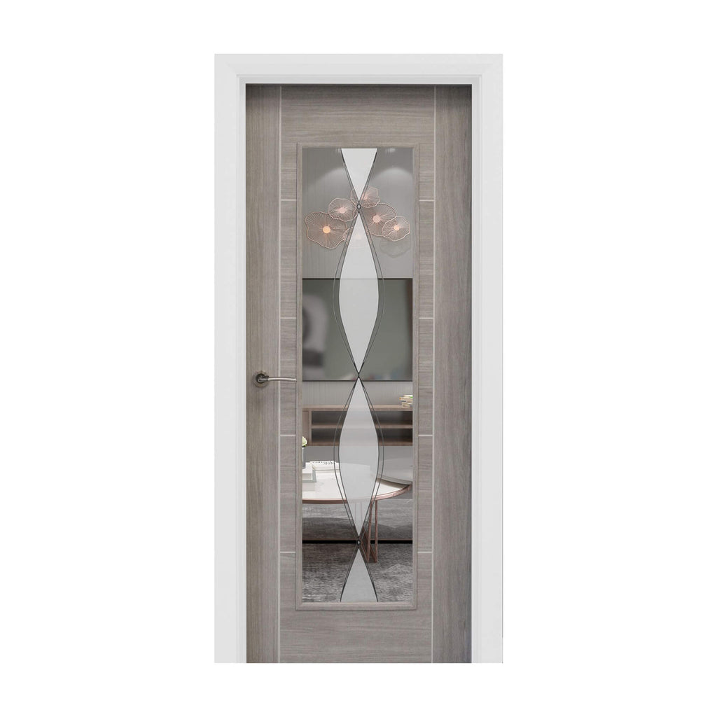 A Tigris Lava Grey 1 Lite Unglazed 40mm Internal Laminate Door, with a Storm handle and 4mm DS6 decorative glass, on a white background.