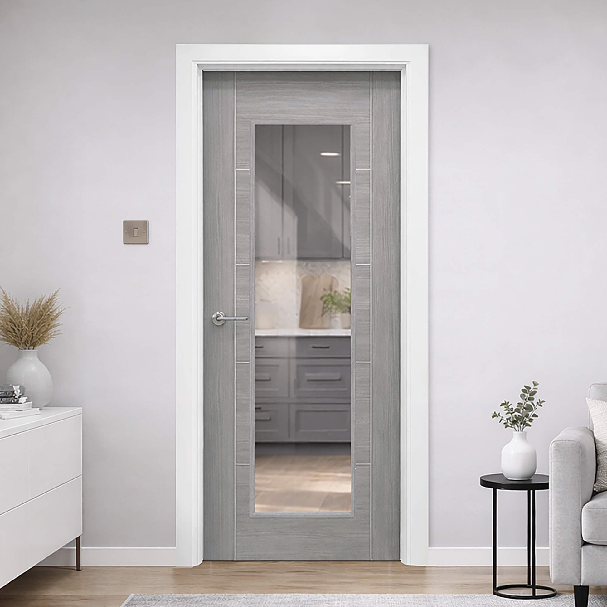 A Tigris Lava Grey 1 Lite Unglazed 40mm Internal Laminate Door, with a Storm handle and 4mm clear toughened glass, in a home interior setting.