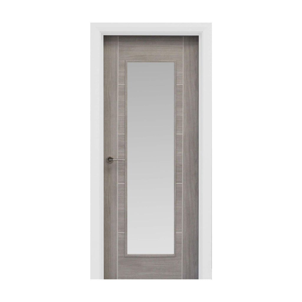 A Tigris Lava Grey 1 Lite Unglazed 40mm Internal Laminate Door, with a Storm handle and 4mm sandblasted toughened glass, on a white background.