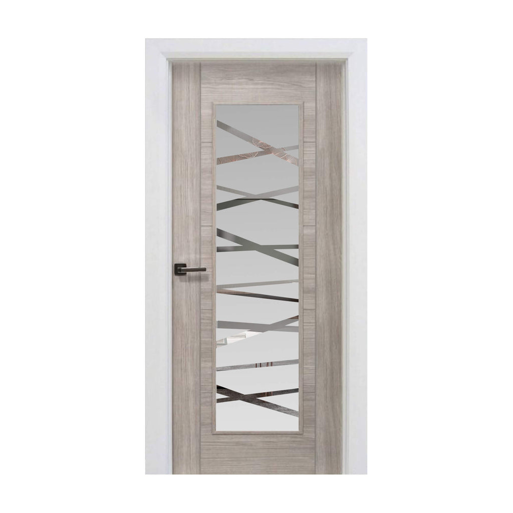 A Tigris Stone Grey 1 Lite Unglazed 40mm Internal Laminate Door, with 4mm DS7 decorative glass and an Alto handle, on a white background.