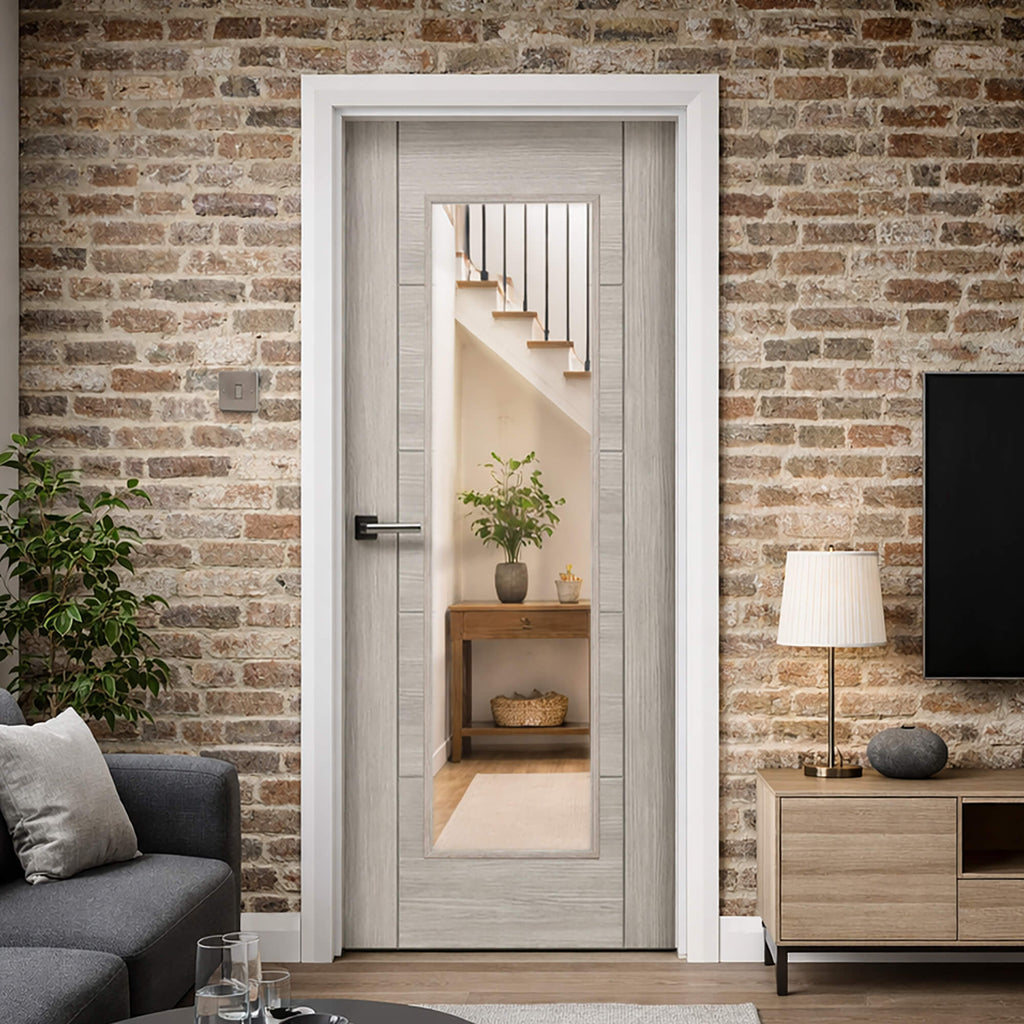 A Tigris Stone Grey 1 Lite Unglazed 40mm Internal Laminate Door, with 4mm clear toughened glass and an Alto handle, in a modern home interior setting.