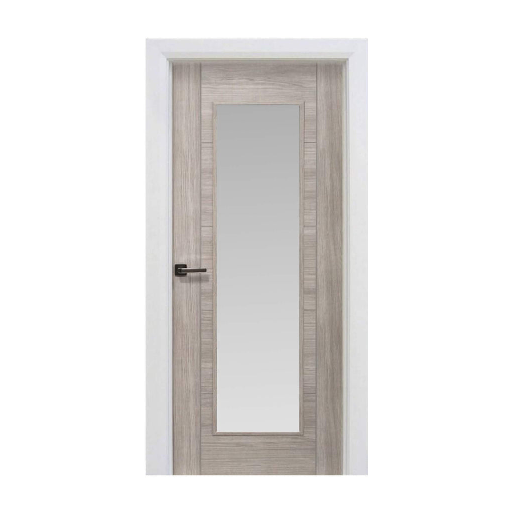A Tigris Stone Grey 1 Lite Unglazed 40mm Internal Laminate Door, with 4mm sandblasted toughened glass and an Alto handle, on a white background.