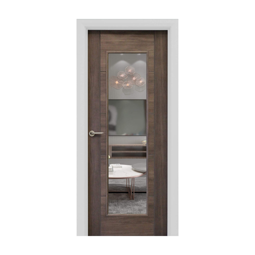 A Tigris Walnut 1 Lite Unglazed Laminate Door, with clear toughened glass inserted, with a Tempest handle on a white background.