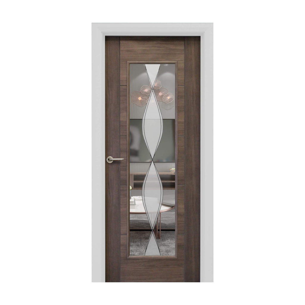A Tigris Walnut 1 Lite Unglazed Laminate Door, with DS6 glass inserted, with a Tempest handle on a white background