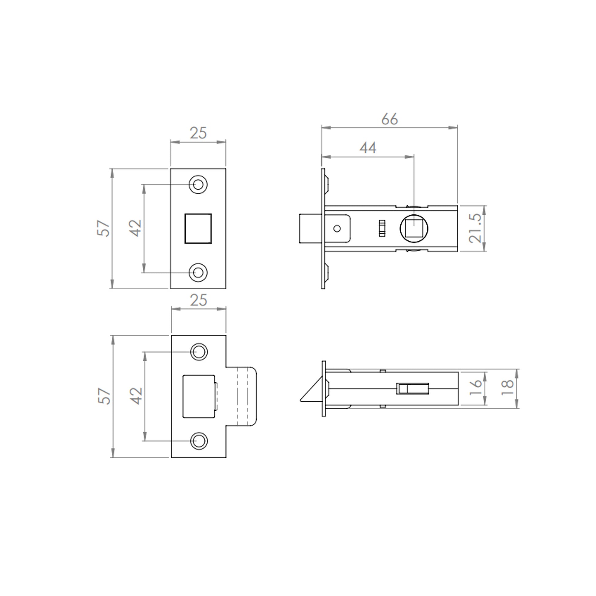 Technical drawing of a Electro Brassed Tubular Latch TL1 door lock mechanism with dimensions.