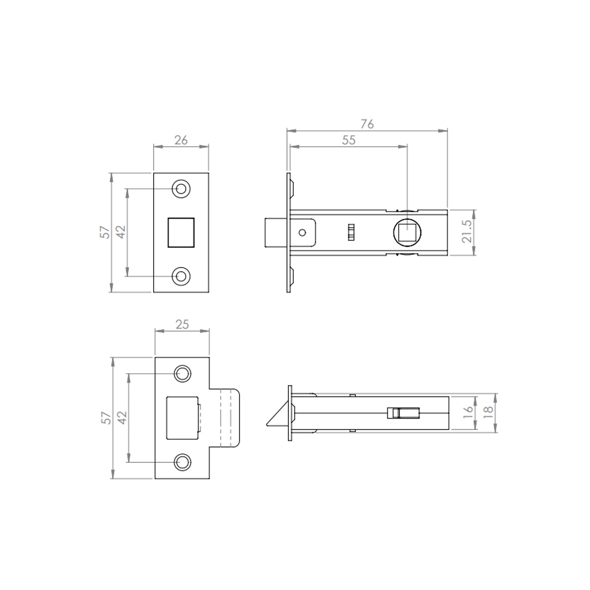 Technical drawing of a Electro Brassed Tubular Latch TL3 door lock mechanism with dimensions.