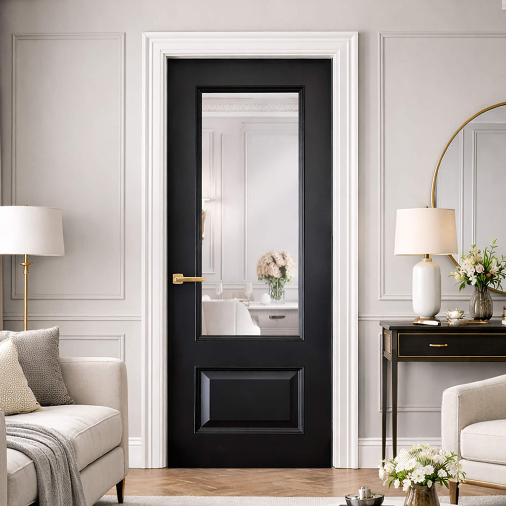 A Toledo White Primer Plus 1 Lite Internal Door with Hermes Satin Brass handle in a stylish interior setting