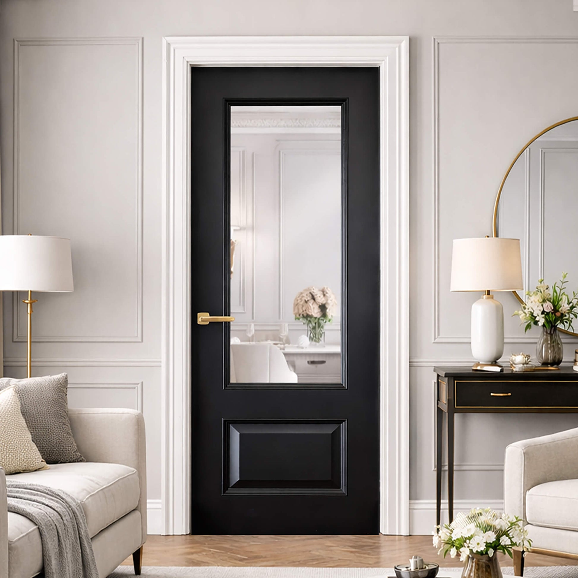 A Toledo White Primer Plus 1 Lite Internal Door with Hermes Satin Brass handle in a stylish interior setting