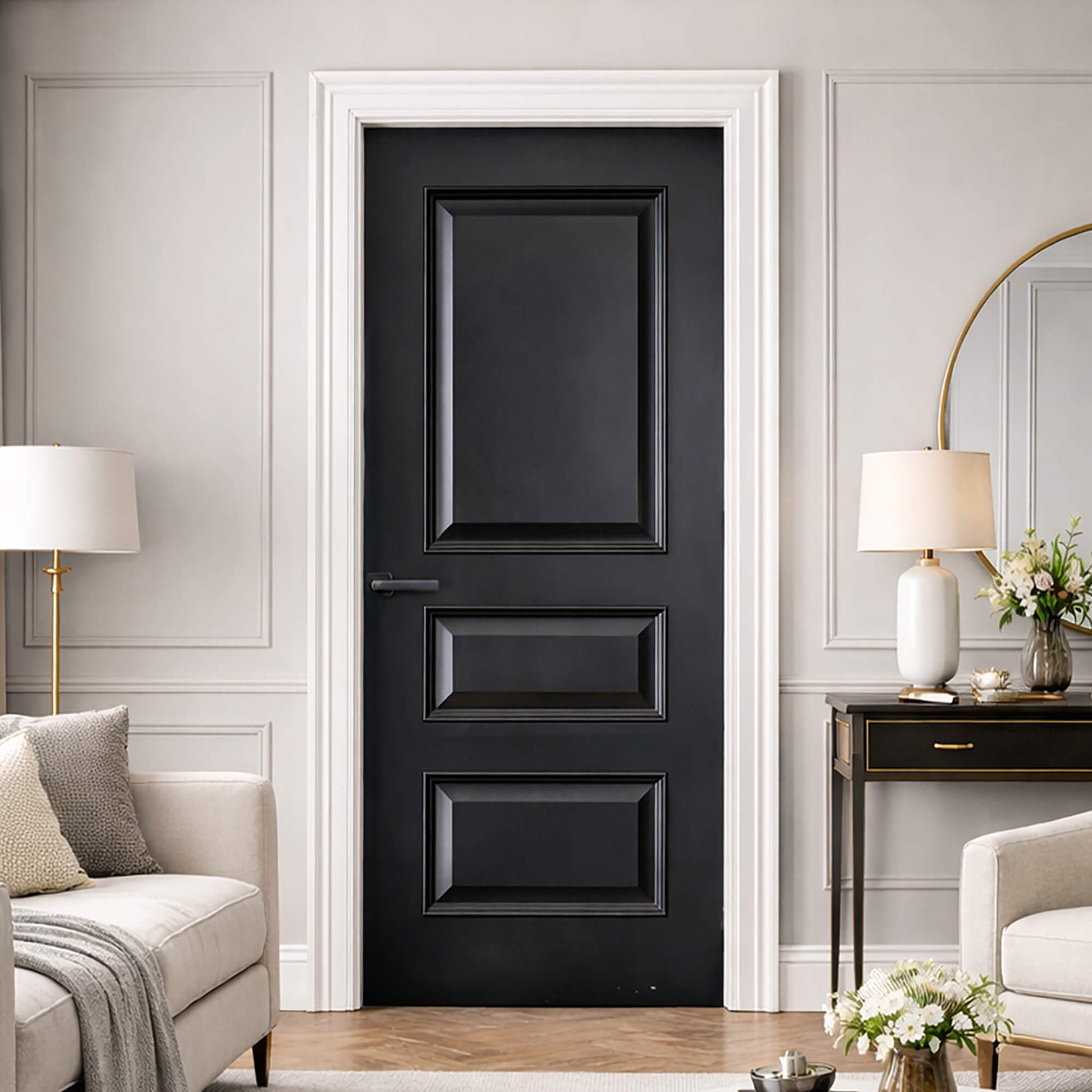 A Toledo Black Primer Plus 3 Panel Internal Door in a modern living room with neutral decor.