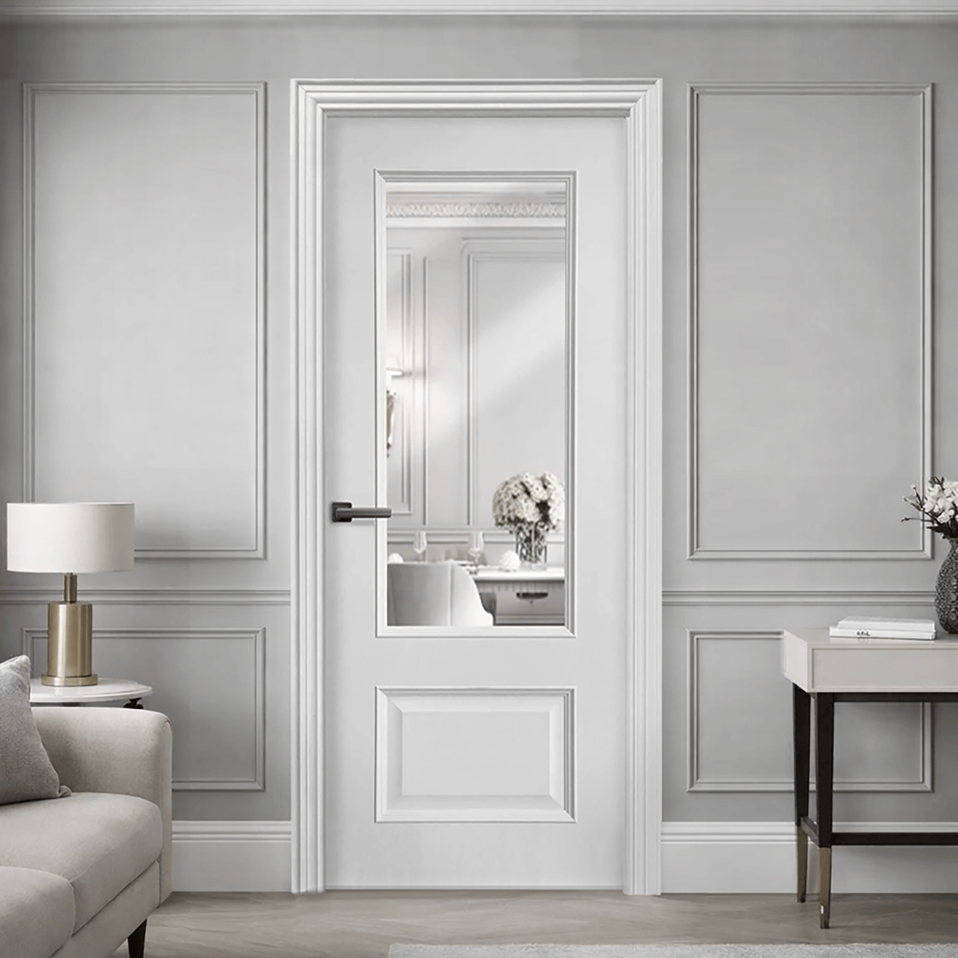 A Toledo White Primer Plus 1 Lite Door in a home living room setting, looking into a dining room.