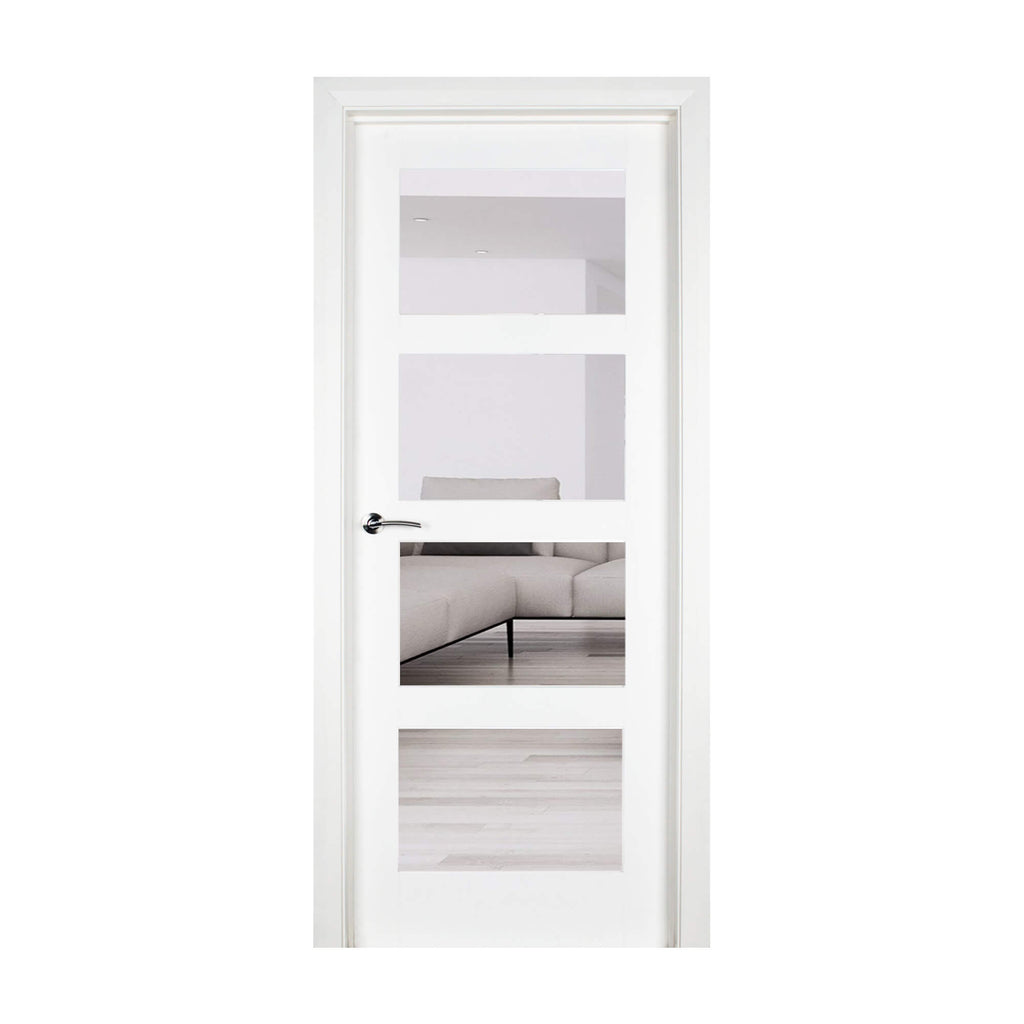A Trade Spec White Primed Contemporary 4 Lite Pre-Glazed Clear 40mm Internal Door on a white background.