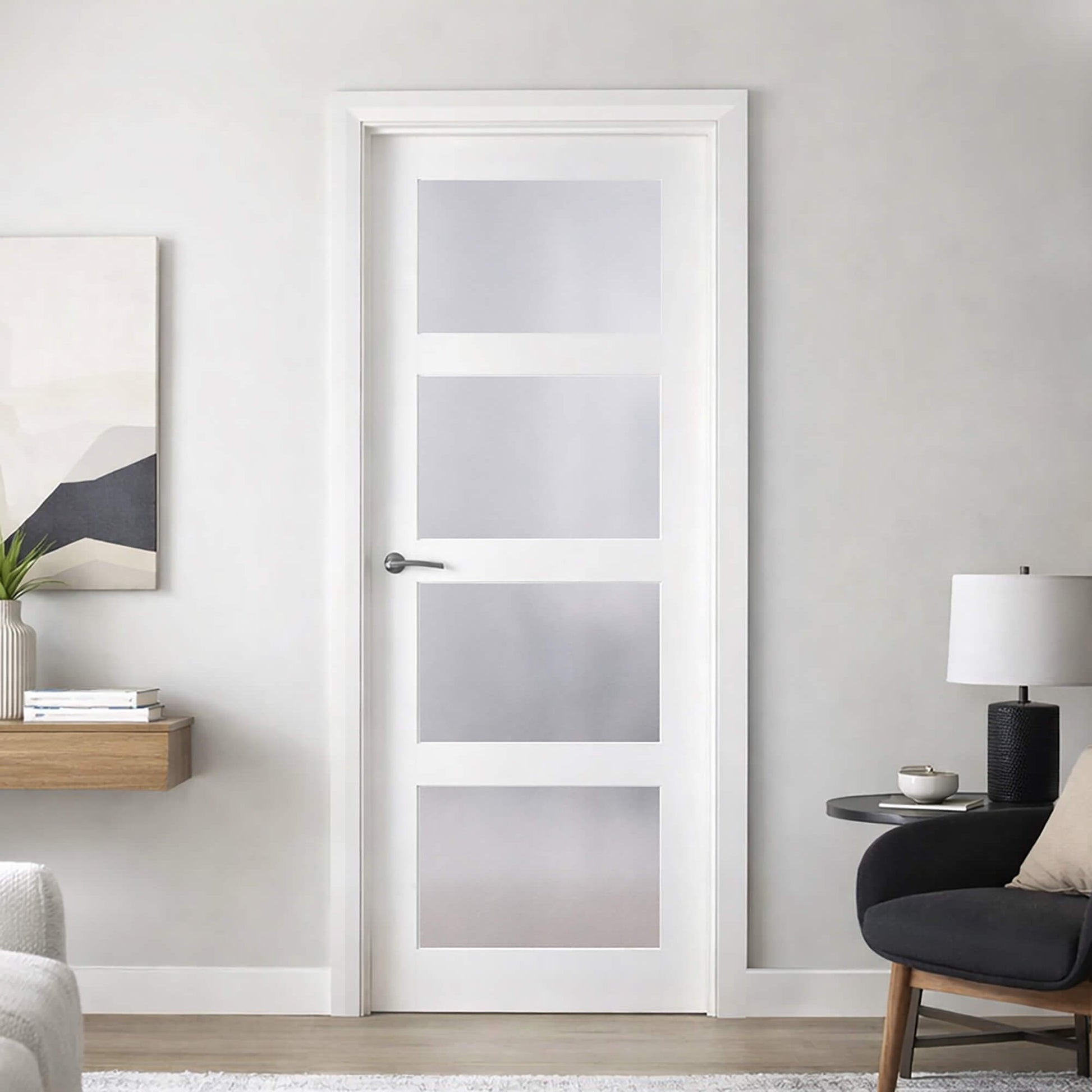 Modern interior with a Trade Spec White Primed Contemporary 4 Lite Sandblasted Door in a minimalistic room.