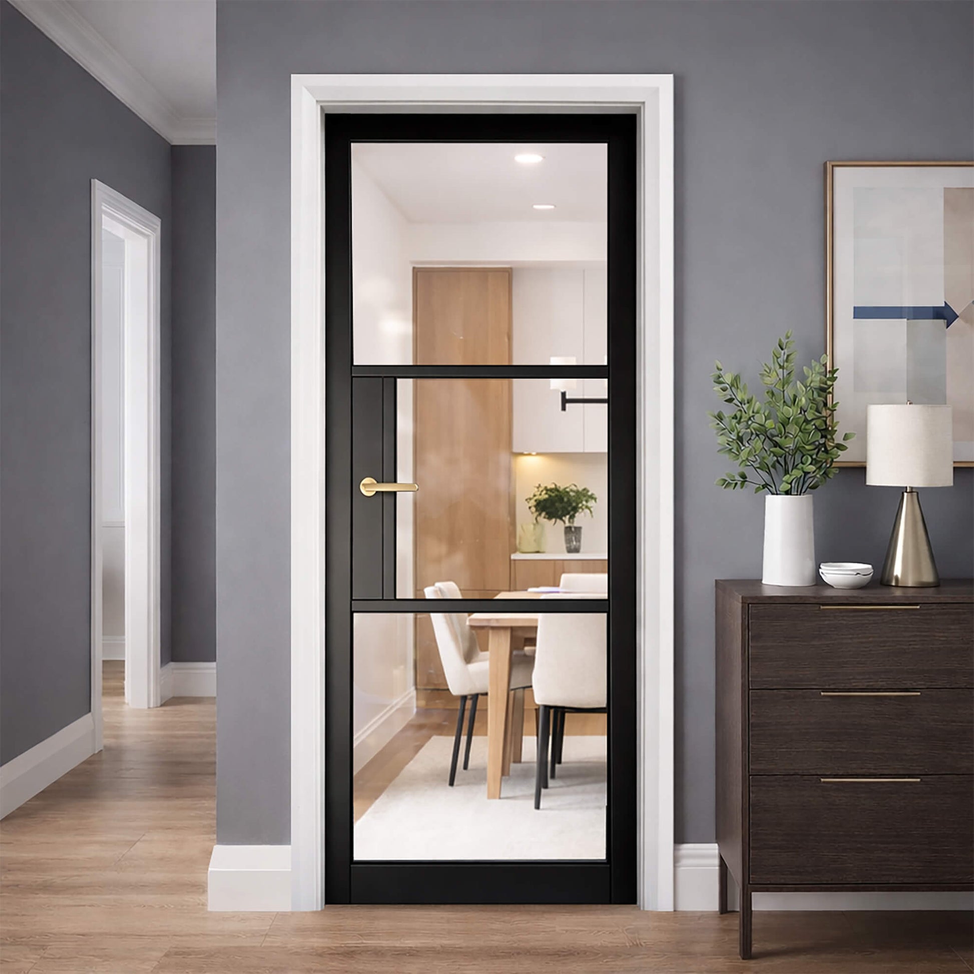 A Tribeca Black Primer Plus 3 Lite Pre-Glazed 40mm Internal Door in a home hallway setting looking into a dining room.