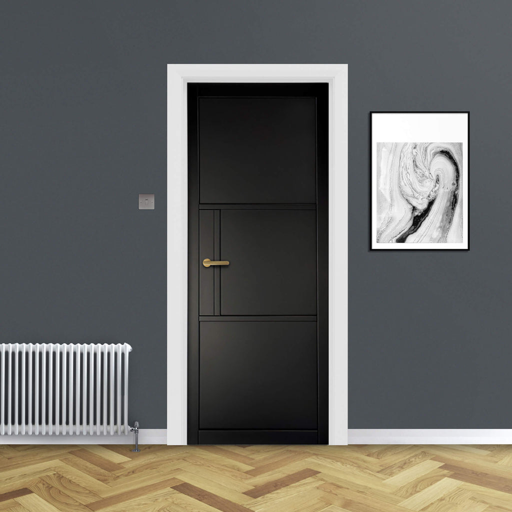 A Tribeca Black Primer Plus 3 Panel Internal 40mm Door in a home interior.