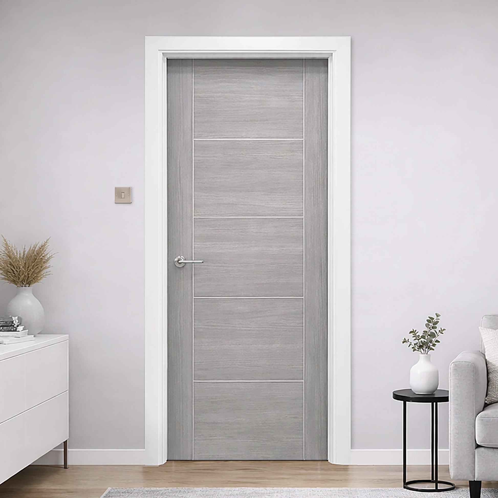 Vancouver Lava Grey Laminate Door in a living room in an interior home setting