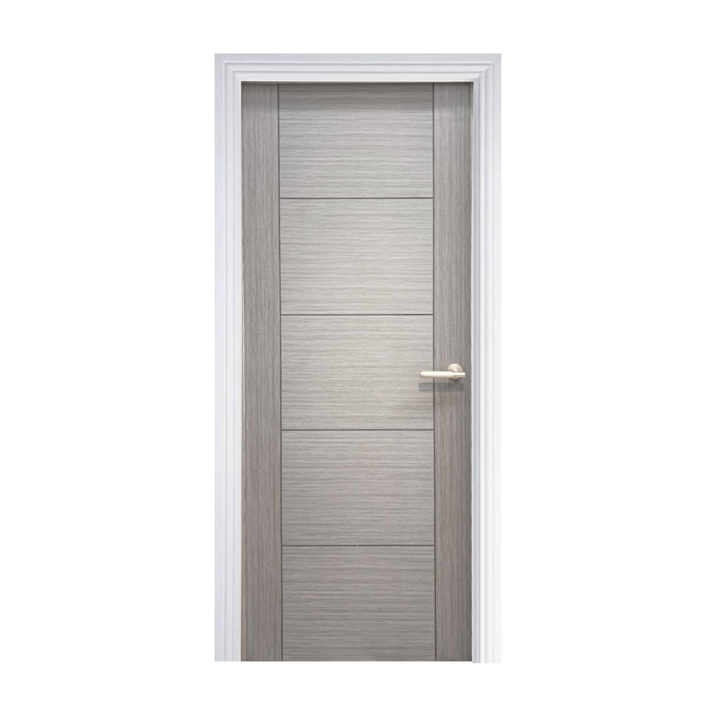 A Vancouver Urban Grey 35mm Internal Laminate Door, with a Knurled Satin Brass Handle on a white background.