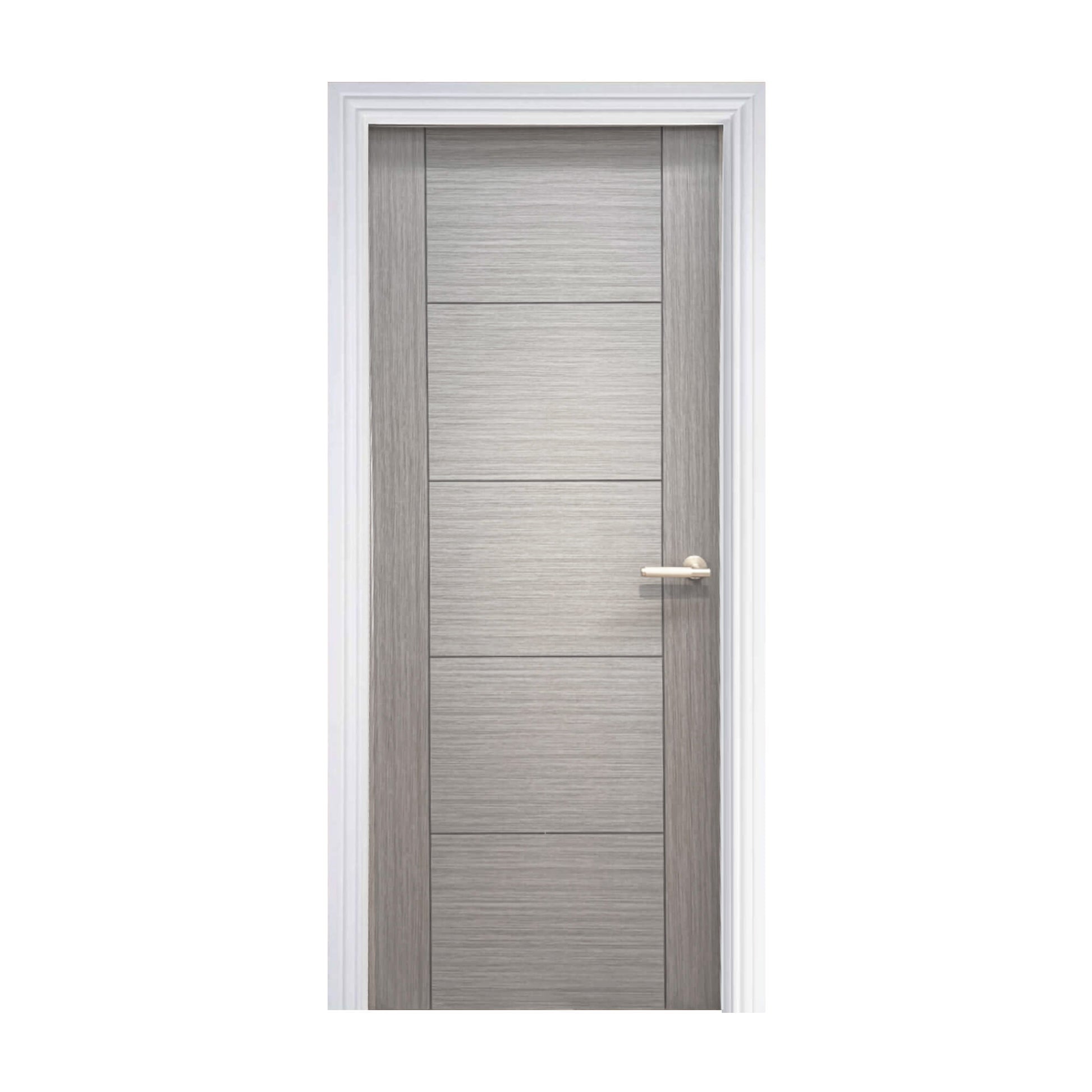 A Vancouver Urban Grey 35mm Internal Laminate Door, with a Knurled Satin Brass Handle on a white background.