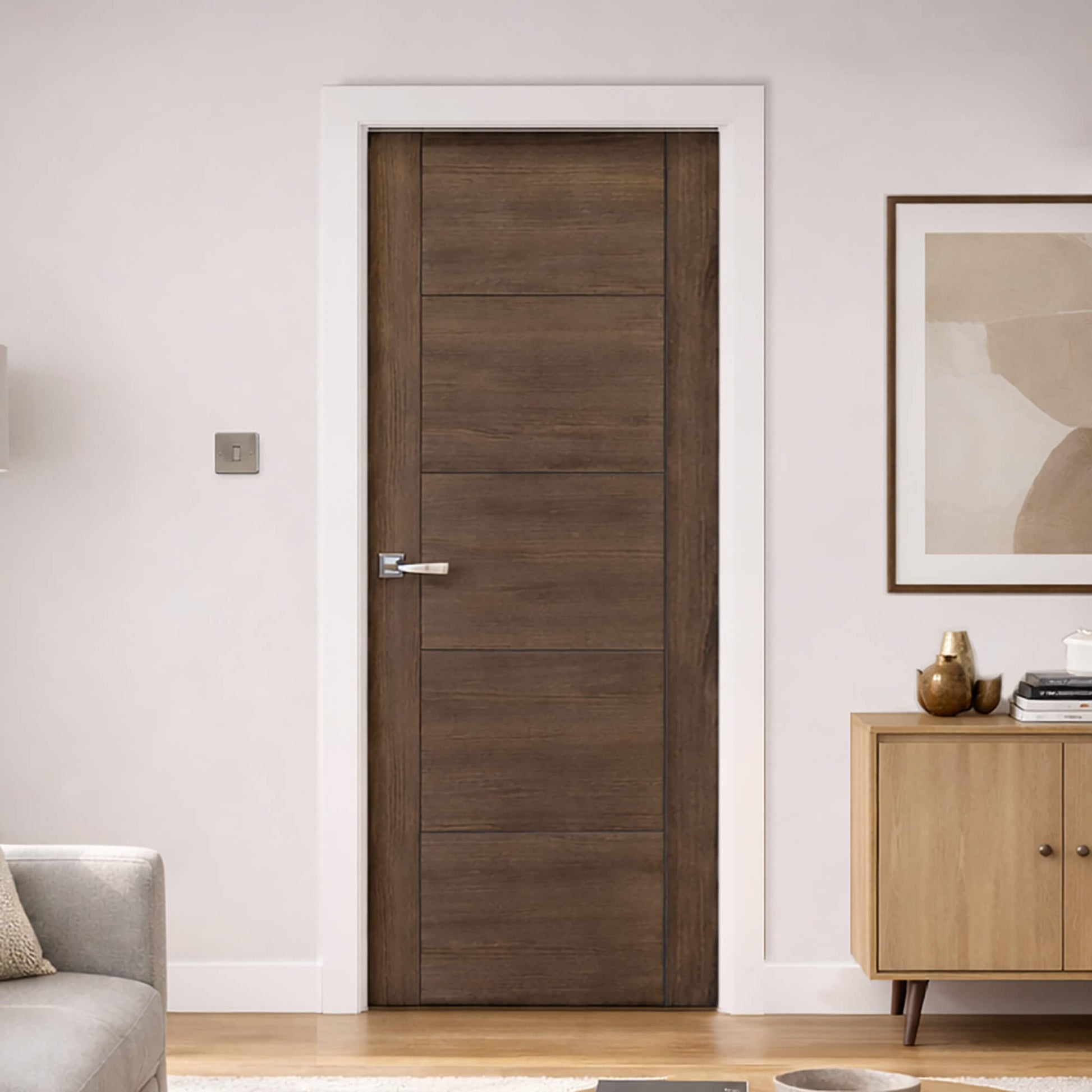 A Vancouver Walnut Laminate FD30 44mm Internal Fire Door, with an Arcus handle, in a modern home interior setting.