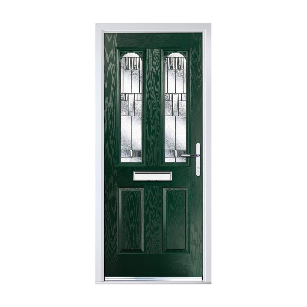 A Green Victoria Composite GRP External Door with decorative glass panels on a white background.