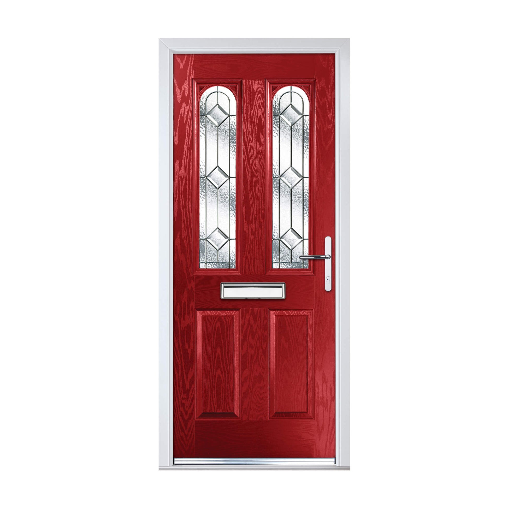 A Red Victoria Composite GRP External Door with decorative glass panels on a white background.