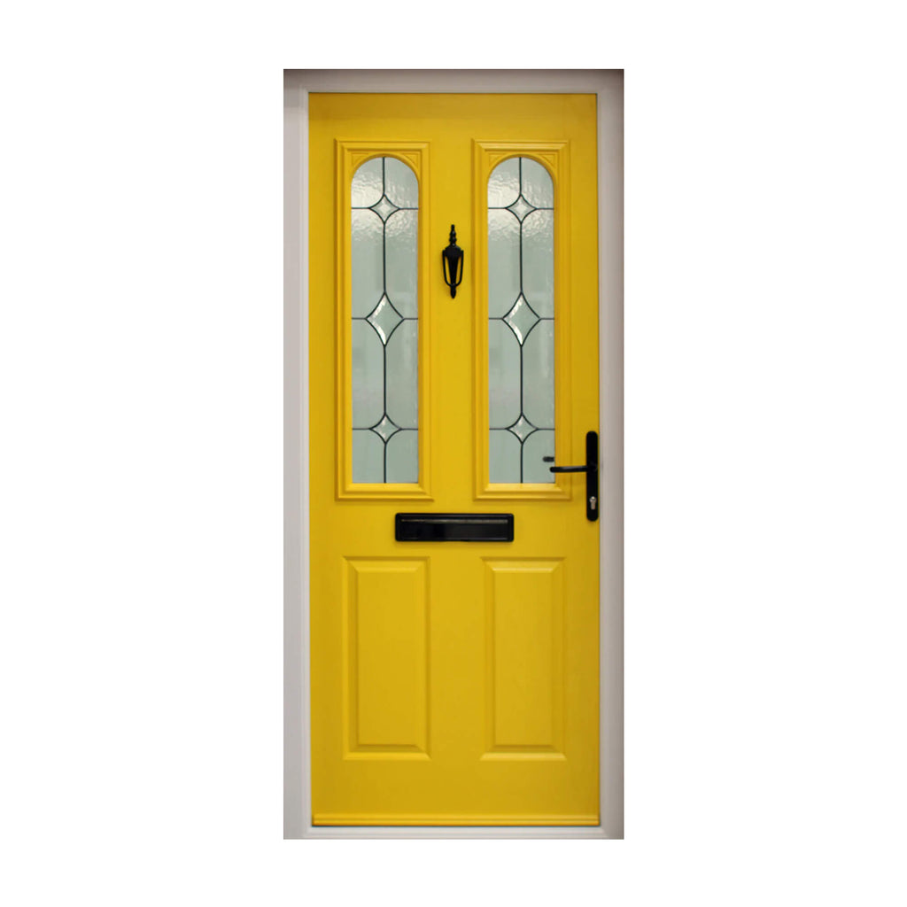 A Yellow Victoria Composite GRP External Door with decorative glass panels on a white background.