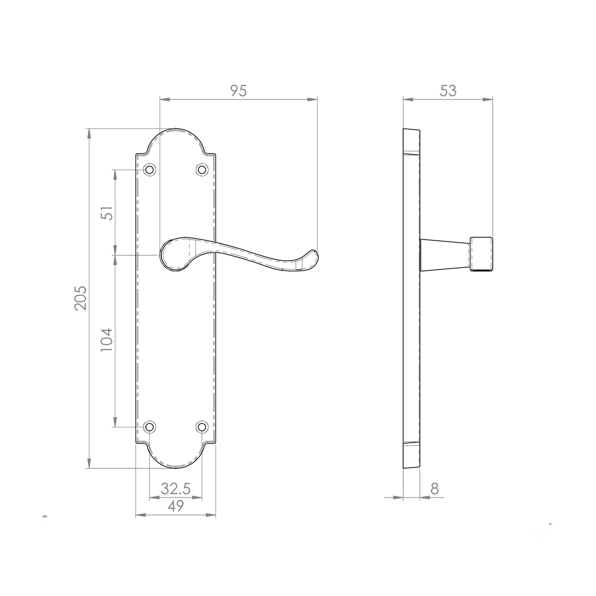 Technical drawing of a Victorian 8"Backplate Handle on a white background.